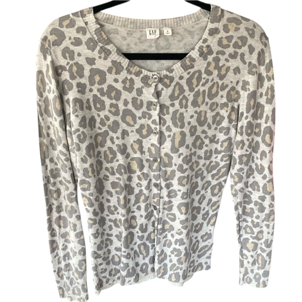 GAP Animal Print cardigan sweater grey tan size medium